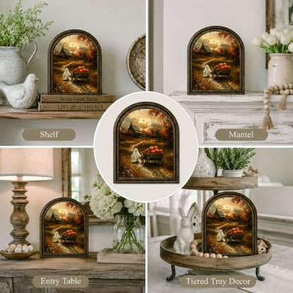Halloween Ghost Pumpkin Cart Arched Table Sign, Rustic Fall Decor - color: Ghost Pumpkin Cart