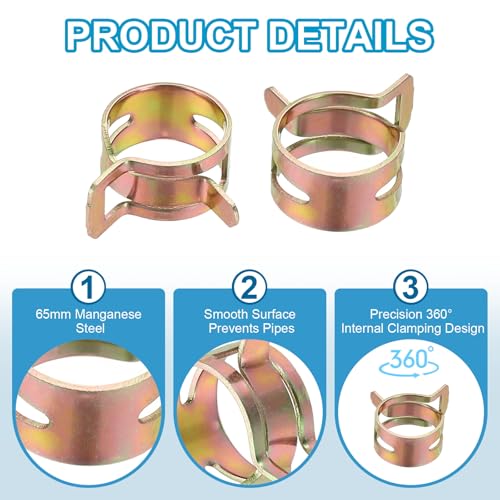 PATIKIL Spring Band Hose Pipe Clamps for 16-18.3 mm OD Hose, 50 Pack Silicone Vacuum Constant Tension Band Clips for Fuel Line Silicone Air Hose Tube Water Pipe, Gold - size: 16-18.3 mm