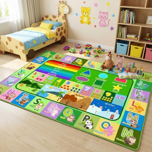 3x5ft Kids Educational Rug, Non-Slip Machine Washable ABC Alphabet Rugs & Learning Carpet for Bedroom，Playroom, Preschool Classroom, Floor Play Area Rug with Numbers, Animals & Seasons - color: Multi 989 Green, size: 3' x 5' (Rectangular)