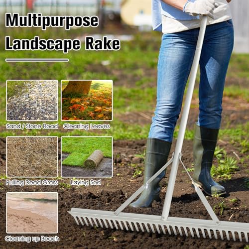 Goplus Landscape Rake 36 Inch, Aluminum Sand Rake w/36 Tines and 68" Long Non-Slip Handle, Beach Rake, Yard Rake Tool for Loosening & Leveling Soil, Garden Lawn Care, Collecting Leaves