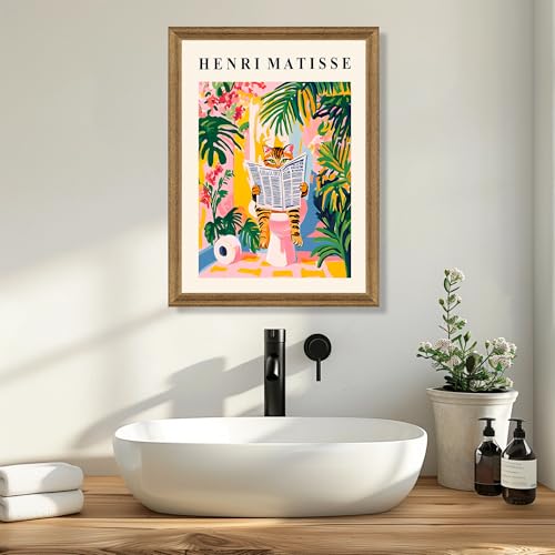 ICHZUMW Framed Funny Tabby Cat Matisse Canvas Bathroom Wall Art, 16x24 In - color: Matisse Reader, size: 24"L x 16"W