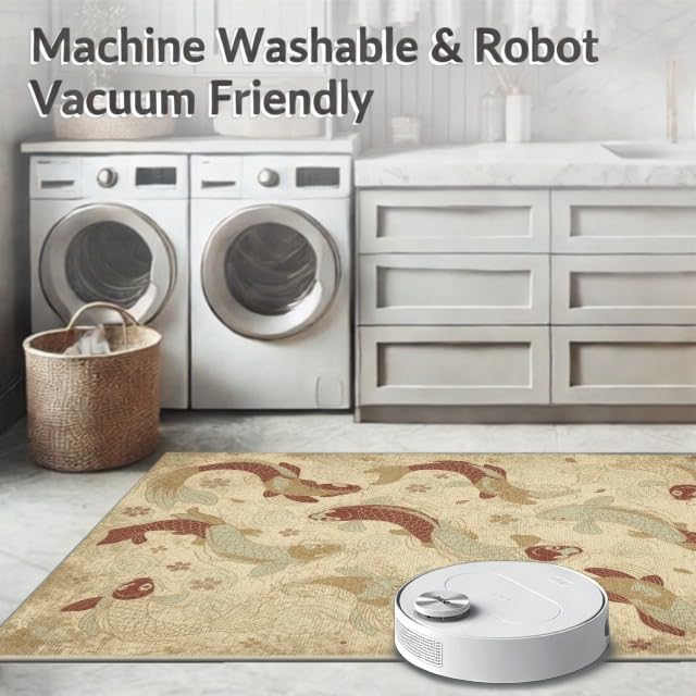 6'x9' Washable Japanese Koi Fish Area Rug, Beige Non-Shedding Pet Friendly Room Rug for Queen Size Bedroom, Under Bed, Master Suite, Foldable Easy Care Carpet | Ref:1885583 - color: Beige/Pattern 46, size: 6' x 9' (Rectangular)