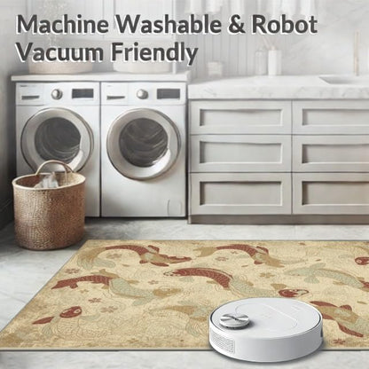 6'x9' Washable Japanese Koi Fish Area Rug, Beige Non-Shedding Pet Friendly Room Rug for Queen Size Bedroom, Under Bed, Master Suite, Foldable Easy Care Carpet | Ref:1885583 - color: Beige/Pattern 46, size: 6' x 9' (Rectangular)