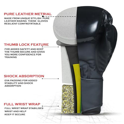 Boxing Gloves for Men & Women – Faux Leather Muay Thai, Kickboxing, MMA & Sparring Gloves – Training Heavy Bag Gloves with Secure Wrist Strap & Thumb Lock – 2 4 6 8 10 12 14 16oz - color: Black, size: 16 OZ