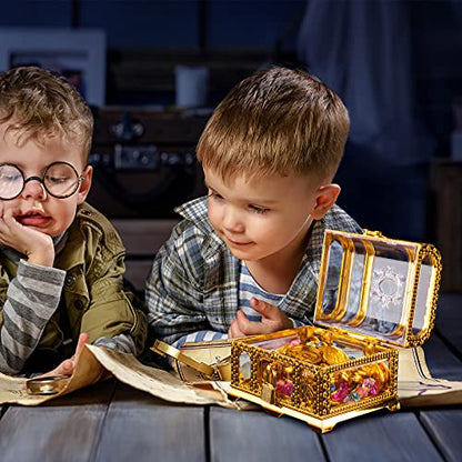 Treasure Chest with Lock and Key,Pirate Theme Party Favors for Kids,Transparent Golden Pirate Chest - color: transparent golden chest 2