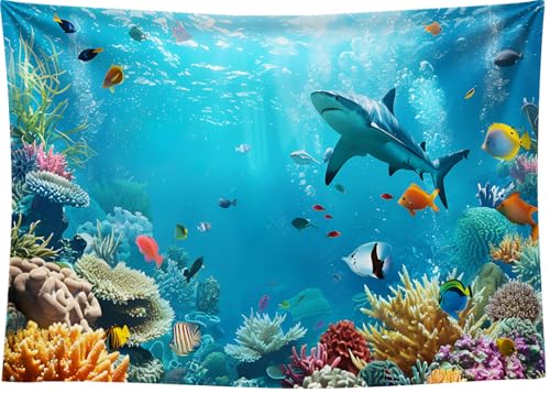 7x5FT Under The Sea Backdrop Ocean Underwater World Aquarium Coral Tropical Ornamental Fish Background for Baby Shower Birthday Party Decorations Vinyl