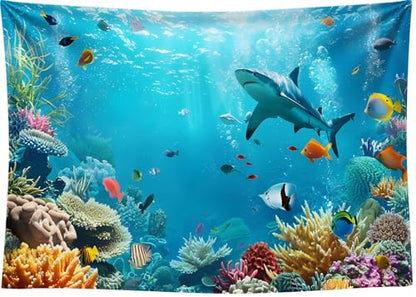 7x5FT Under The Sea Backdrop Ocean Underwater World Aquarium Coral Tropical Ornamental Fish Background for Baby Shower Birthday Party Decorations Vinyl