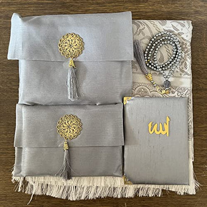 Muslim Prayer Rug, Bag&Yaseen Surah Pocket-Size Book, Bag&Prayer Beads Set I Perfect Islamic Gift I Prayer Rug Travel I Muslim for Men&Women I Soft Islamic Mat | Luxury Islamic Gifts (5 Sets, Grey) - color: Grey, size: 5 Sets