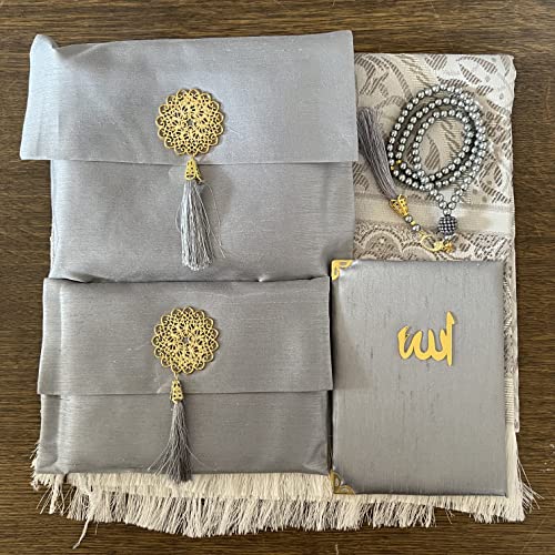 Muslim Prayer Rug, Bag&Yaseen Surah Pocket-Size Book, Bag&Prayer Beads Set I Perfect Islamic Gift I Prayer Rug Travel I Muslim for Men&Women I Soft Islamic Mat | Luxury Islamic Gifts (5 Sets, Grey) - color: Grey, size: 5 Sets