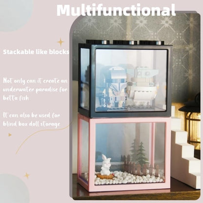 Small Betta Fish Tank, Stackable Mini Aquarium Tank Kit with Aquarium Gravel & Forest Micro Landscape, 0.6 Gallon Acrylic Cube Fish Bowl for Sea Monkeys Shrimp Snails (Pink) - color: Pink