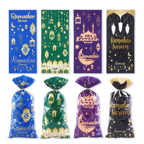 100 PCS Eid Mubarak Cellophane Bags Ramadan Cello Bag Moon Star Castle Candy Bags with Twist Ties Multi-Color Treat Gift Bag for Goodies Ramadan Festival Party Favor - color: Style 1: 100pcs Eid Bags