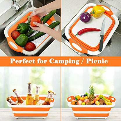 Rottogoon Collapsible Cutting Board, Foldable Chopping Board with Colander, Multifunctional Kitchen Vegetable Washing Basket Silicone Dish Tub for BBQ Prep/Picnic/Camping(Orange) - color: Orange
