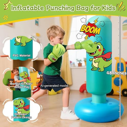 Inflatable Punching Bag for Kids: Qoosea 48 Inches Kids Bop Bag Boxing Gloves & Air Pump Dinosaur Toy Gift for Toddler & Kid Ages 3-8,Freestanding Punching Bag Easy to Inflate,Boxing Bag - color: Light Blue