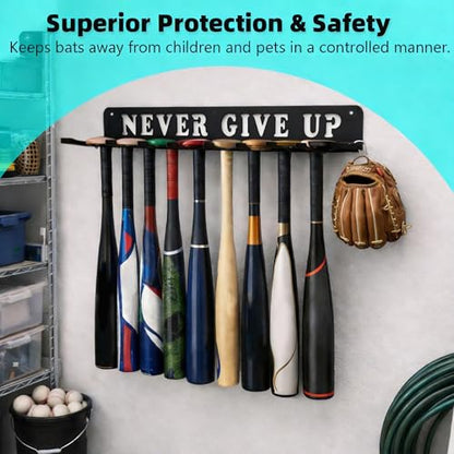 Baseball Softball Bat Holder Wall Mount Storage Rack Metal Hanger Home Field Organizer Equipment Sports Hook Hanging Holds 14 Bats Carabiners Included Never Give UP - style: NEVER