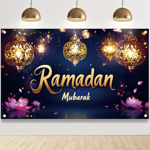 Ramadan Mubarak Banner 71x43 inch Lantern and Lotus Flower Design Muslim FestivaDecoration for Ramadan Kareem Celebration Home Decor - color: Style 2