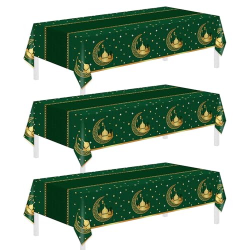 Childom 3 Pack Ramadan Table Cloth,Ramadan Decorations for Home,54" x 108" Eid Mubarak Decorations,Eid Ramadan Tablecloths Rectangular,Green Plastic Table Cloth Disposable Table Cover for Party Favors - color: Eid Mubarak-green