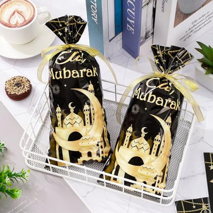 Whaline 100 Pcs Eid Mubarak Cellophane Treat Bags with Ribbon Ramadan Plastic Gift Bags Black Gold Candy Goodie Bags for Islamic Holiday Birthday Party Supplies - color: Black Gold