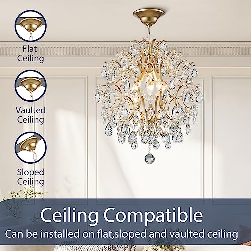 Bestier Modern Gold Pendant Chandelier Crystal Raindrop Lighting Ceiling Light Fixture Lamp for Dining Room Bathroom Bedroom Livingroom entryway 3 E12 Bulbs Required D16 in x H18 in - color: Gold, size: D16" x H18"