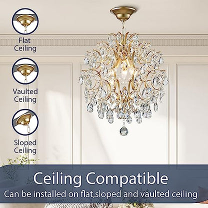 Bestier Modern Gold Pendant Chandelier Crystal Raindrop Lighting Ceiling Light Fixture Lamp for Dining Room Bathroom Bedroom Livingroom entryway 3 E12 Bulbs Required D16 in x H18 in - color: Gold, size: D16" x H18"