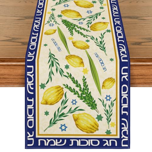 Artoid Mode Aravah Etrog Lulav Sukkah Happy Sukkot Table Runner, Kitchen Dining Table Decoration for Home Party Decor 13x72 Inch