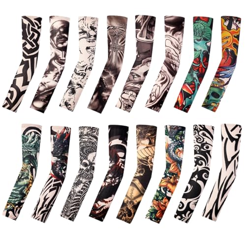 Tattoo Sleeves for Men Women Sun Protection UV Compression Arm Sleeves Breathable Skin Cover for Outdoor Sports - color: 021-16pc