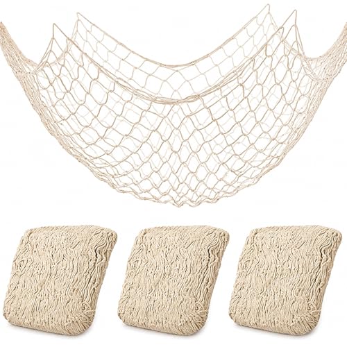 Fish Net Decorations for Party, 2mm Natural Cotton Hawaiian Party Fish Net Decorative, Nautical Themed Cotton Fishnet Room Under The Sea Ocean Beach Party Decor (3)