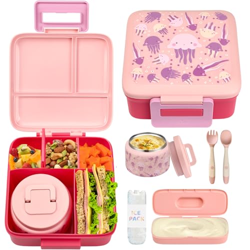 JXXM Bento Lunch Box for Kids with 8oz Soup Thermo,Leak-Proof Lunch Containers with 5 Compartment,Thermo Food Jar Food Containers for School (Pink-Jellyfish) - color: Pink-Jellyfish