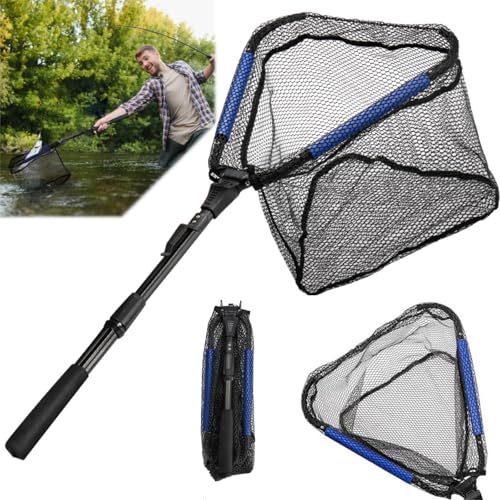 Noamus Floating Fishing Net, 35" Fishing Landing Net with Collapsible Telescopic Pole Handle, Rubber Coated Mesh Folding Fly Fish Net for Salmon Steelhead Bass Trout Walleye Kayak, Fresh Salt Water