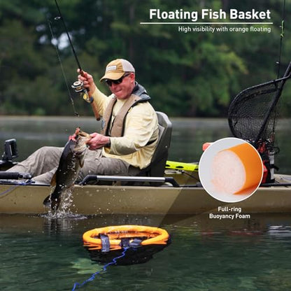 QualyQualy Floating Fish Basket for 5 Gallons Buckets, Foldable Fishing Basket Bait Net for Live Caught, Rubber Coated Mesh Fish Holder for Kayak Fishing Live Well Baitfish Minnow Bucket
