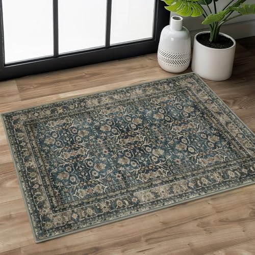 SIILOOM 2x3 Washable Rug Soft Area Rug for Entryway, Blue Brown Slip-Resistant Indoor Door Mat Tribal Floral Low-Pile Kitchen Rugs, Vintage Tribal Carpet for Entrance Kitchen Farmhouse - color: Blue/Brown, size: 2' x 3' (Rectangular)