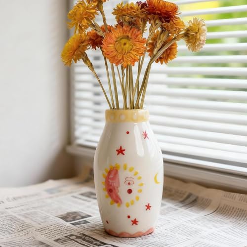 Tnstbiee Cream Ceramic Sun&Moon Bud Vase,Boho Table Vase for Dried Flowers - color: Bohemian Vase