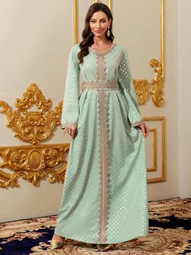 Women Muslim Abaya Kaftan Dress Lace Ethnic Moroccan Dress Eid Prayer Clothes Arabian Maxi Robe - color: Mint Green, size: X-Small