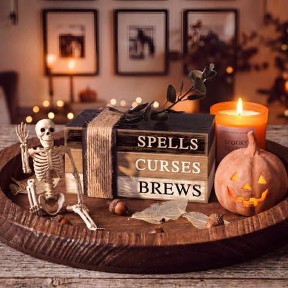 4 Pcs Halloween Table Decorations Halloween Tiered Tray Decorations Rustic Mini Eucalyptus Leaf Coffee Wooden Faux Books Stacks Centerpiece Signs for Farmhouse Office Shelf Tabletop Office Bookshelf - style: Eucalyptus Leaf