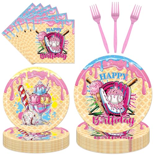 EUOYUFO 96Pcs Ice Cream Party Decorations Tableware Set Ice Cream Baseball Drip Happy Birthday Paper Plates Napkins Forks Baseball Sport Team Theme Bday Party Supplies Serve 24 Guests - color: Baseball Drip Birthday