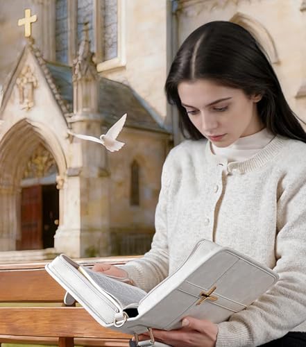 Vegan Leather Bible Cover Case, Bible Bag with Phone Pocket, Bible Case for Women, Christian Gift Box Packaging (White – with Strap) - color: White – With Strap