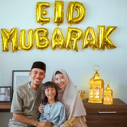 Threan 2 Pcs Ramadan Lantern Lights, 6.9" & 11" Golden LED Ramadan Eid Decorations with Star and Moon Pattern, Hanging Lights for Muslim Home, Patio, Table, Wedding Centerpieces Islamic Festival Decor