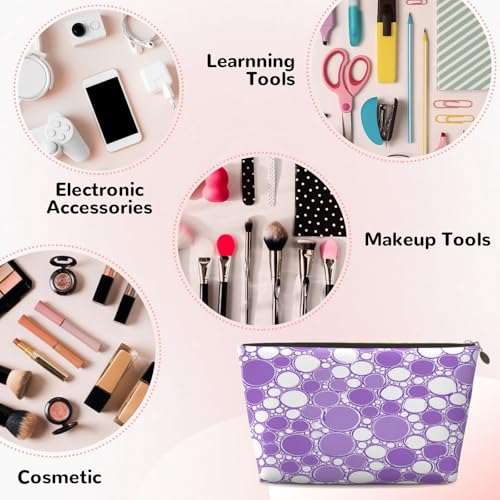 Leather Makeup Bag for Purse, Waterproof Small Toiletry Bag with Zipper, Cute Cosmetic Bags for Women, Purple White Bubble Pattern Travel Pouch - color: Purple White Bubble Pattern
