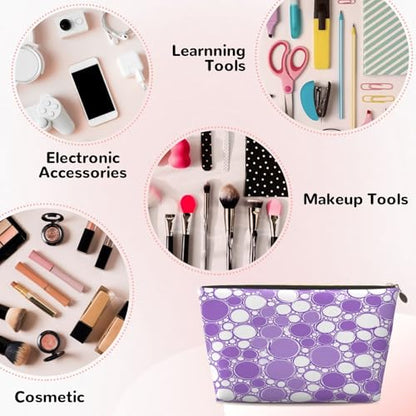 Leather Makeup Bag for Purse, Waterproof Small Toiletry Bag with Zipper, Cute Cosmetic Bags for Women, Purple White Bubble Pattern Travel Pouch - color: Purple White Bubble Pattern
