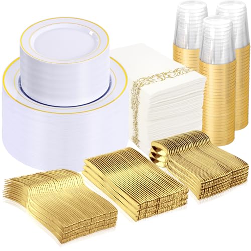 Supernal 800 Pcs Gold Plastic Dinnerware Set Serve 100 Guests for Party - color: 800pcs White and Gold Plastic Dinnerware Set