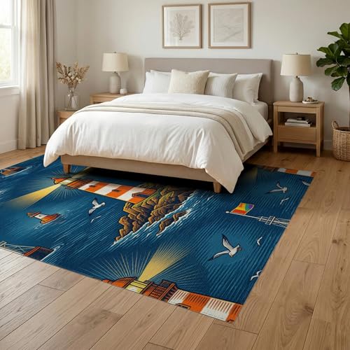 6'x9' Washable Retro Bird Area Rug, Navy Blue Non-Shedding Pet Friendly Room Rug for Queen Size Bedroom, Under Bed, Master Suite, Foldable Easy Care Carpet | Ref:1908949 - color: Blue/Pattern 42, size: 6' x 9' (Rectangular)