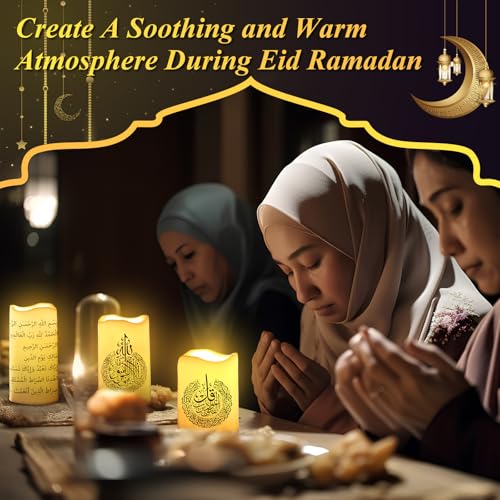Tujoe 3 Pcs Eid Mubarak Flickering Flameless Candles Ramadan Decor Eid Mubarak LED Battery Operated Candles Candle Lights for Muslim Eid Ramadan Decor for Home - style: Classic