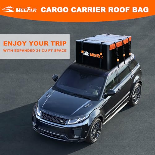 MeeFar Rooftop Cargo Carrier Car Roof Bag 21 Cubic Feet 100% Waterproof Car Top Carrier, Fits All Vehicle with/Without Rack,Include Anti-Slip Mat,10 Reinforced Straps,6 Door Hooks,Luggage Lock - size: 21 Cubic Feet