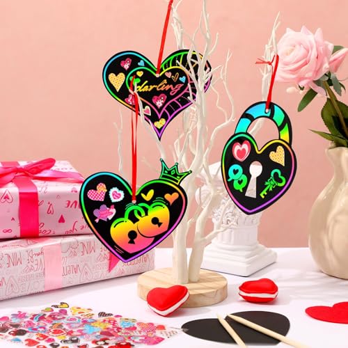 FEBSNOW 48Pcs Valentines Crafts for Kid Heart Rainbow Scratch Paper Art Set | School Classroom Valentines Day Activities, Kids DIY Craft Projects, Magic Hanging Scratch Ornaments, Holiday Party Favors - style: Valentines