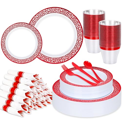 210Pcs Red Plastic Dinnerware for 30 Guests,Red Lace Disposable Plasticc Plates Including 30 Dinner&Dessert Plates,Cups,Golden Plastic Silverware for Party,Wedding - color: Red, size: 30 Guests