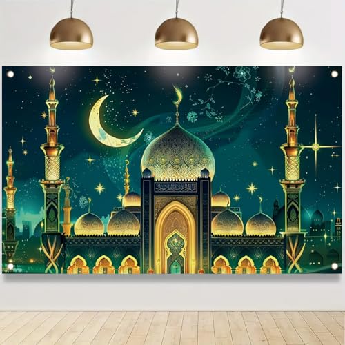 Ramadan Kareem Banner 71x43 Inch Golden Mosque Crescent Moon Design lslamic EidMubarak Party Decoration for Home Indoor Outdoor Celebration - color: Style 1