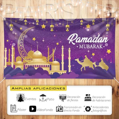 Ramadan Mubarak Decorations, Large Fabric Muslim Ramadan Kareem Backdrop Banner Eid Mubarak Sign Photo Booth Backdrop Background for Muslim Ramadan Party Supplies, 78 x 43INCH