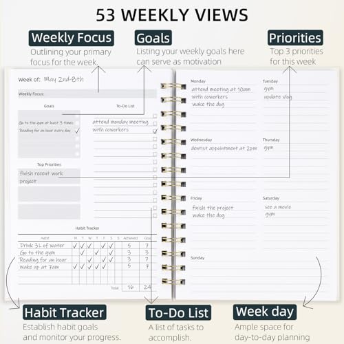 LONLAT Undated Weekly and Monthly Planner Spiral Bound- Weekly Goals Notebook, To Do List, Habit Tracker Journal, Academic, Aesthetic, Stylish School or Office Supplies (6.1" x 8.4" - Cream) - color: Cream
