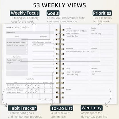 LONLAT Undated Weekly and Monthly Planner Spiral Bound- Weekly Goals Notebook, To Do List, Habit Tracker Journal, Academic, Aesthetic, Stylish School or Office Supplies (6.1" x 8.4" - Cream) - color: Cream