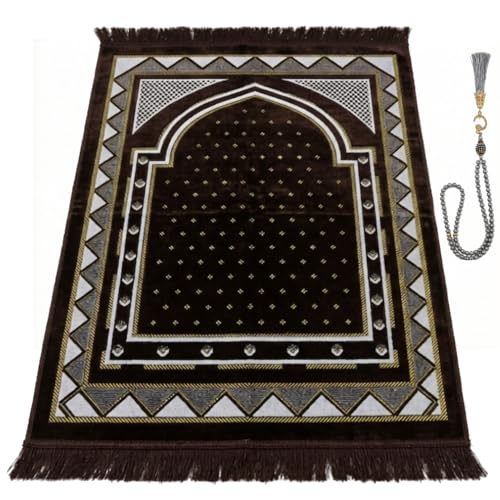 Velvet Muslim Prayer Mat Set, Soft Salah Rug, Islamic Gift for Men & Women (Brown) - color: Brown