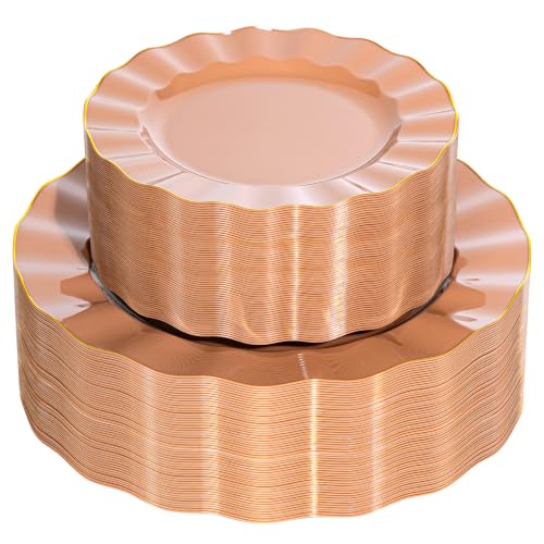 120PCS Mocha Mousse Plastic Plates, Wavy Plates with Gold Rim - color: Mocha Mousse, size: 120PCS